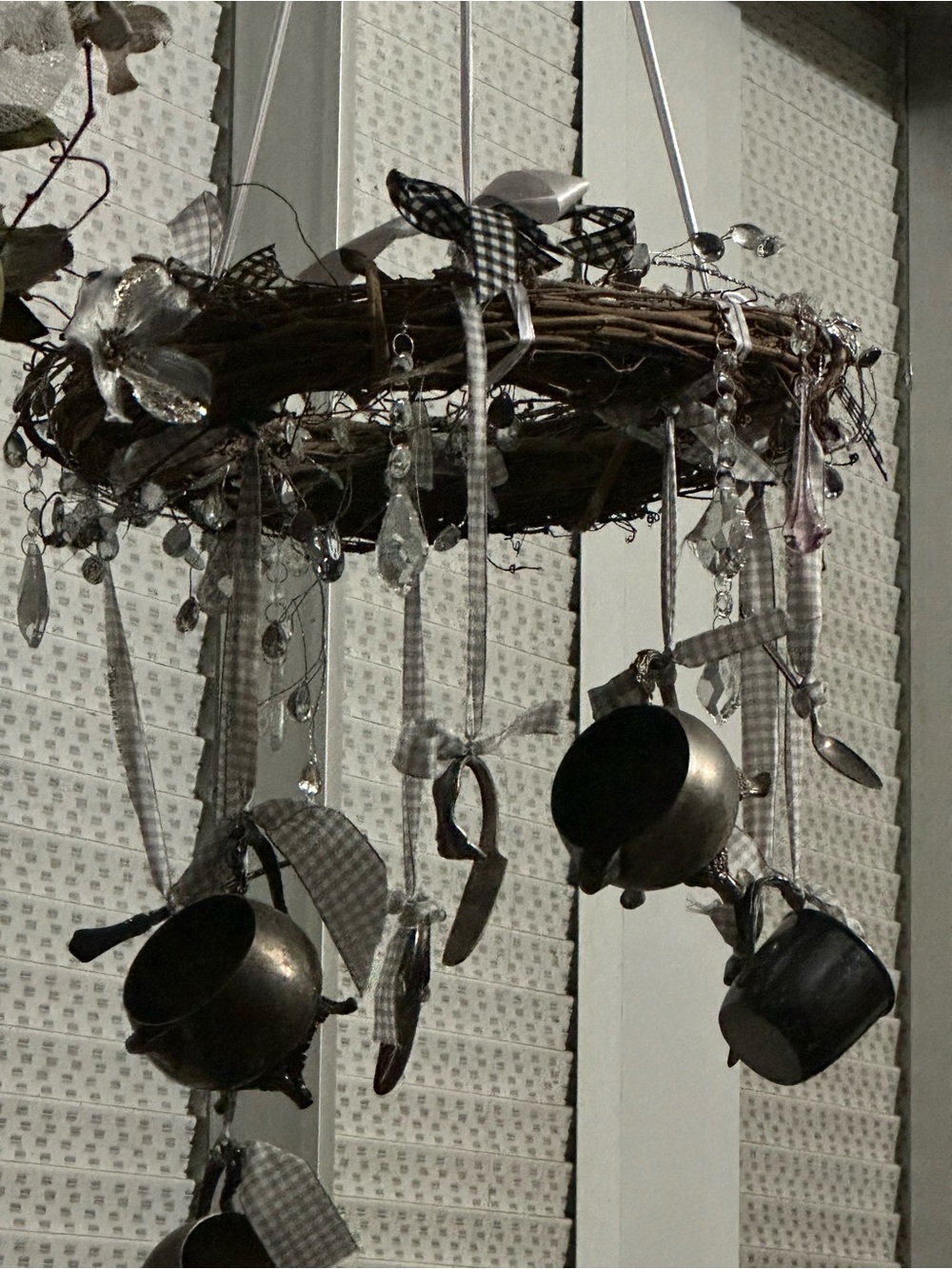 Hanging Decorative Mobile with Pewter Pots & Crystal Drops - Neutral